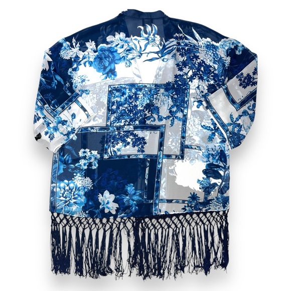 Chicos Travelers L/XL Blue Patchwork Fringe Duster Open Kimono Swim Cover Floral - Picture 8 of 11